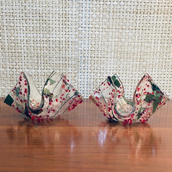 Alicia Abrahams Glass Art Other - 🎄🌟HP🌟Set of 2 Holly Art Glass Tealight Holders Christmas Décor by A Abrahams